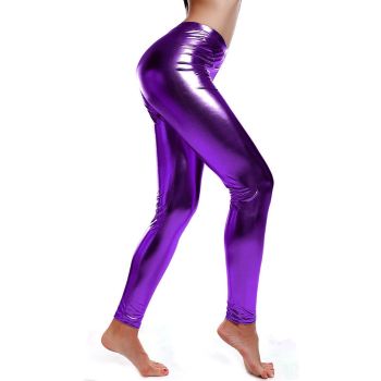 Metallic Leggings Stretchy Pants Neon Fluro Shiny Glossy Dress Up Dance Party - Purple