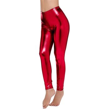 Metallic Leggings Stretchy Pants Neon Fluro Shiny Glossy Dress Up Dance Party - Red