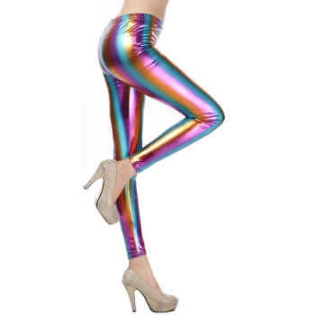 Metallic Leggings Stretchy Pants Neon Fluro Shiny Glossy Dress Up Dance Party - Rainbow