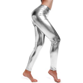 Metallic Leggings Stretchy Pants Neon Fluro Shiny Glossy Dress Up Dance Party - Silver