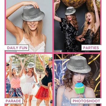 SEQUIN HAT Trilby Fedora Glitter Cap Costume Dance Party - Silver