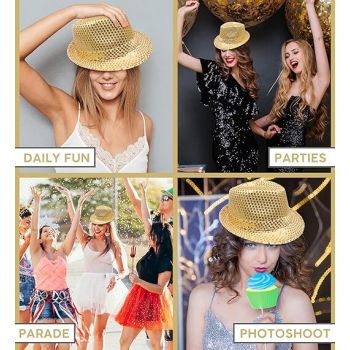 SEQUIN HAT Trilby Fedora Glitter Cap Costume Dance Party - Yellow/Gold