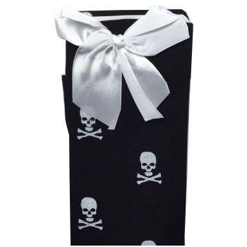 Stay Up OVER THE KNEE SOCKS Stockings Hosiery Party Costume Stockings - White Bow (Black/White Skulls)