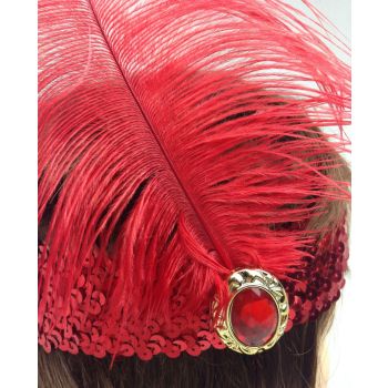 WIDE FLAPPER HEADBAND Feather Sequin Costume Gatsby Charleston Headpiece 1920s - Red