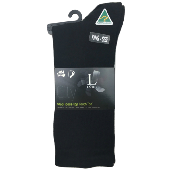 AUSTRALIAN MADE Wool Loose Top Socks Wide Top Comfort High Quality Tough Toe - Black - 6-10