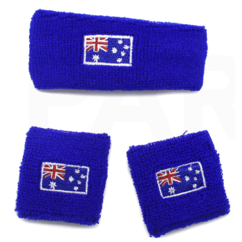 WRISTBAND & HEADBAND SET Tennis Terry Towelling Cotton Sweat Band Team Gym  - Australia Flag