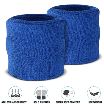 WRISTBAND & HEADBAND SET Tennis Terry Towelling Cotton Sweat Band Team Gym  - Blue