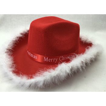 CHRISTMAS HAT Wide Brim Santa Xmas Party Costume Cowboy Fedora Red Fur Cap