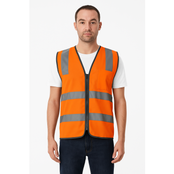Hi Vis Safety Vest Reflective Tape Zip Up Workwear Pocket High Visibility in Orange - XXL