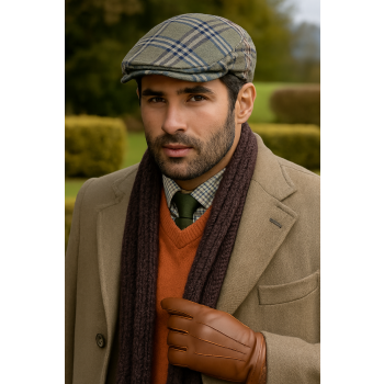 DENTS Quilted Flat Ivy Cap Hat Driving Newsboy Elastic Back Cabbie - Grey Check - 55cm