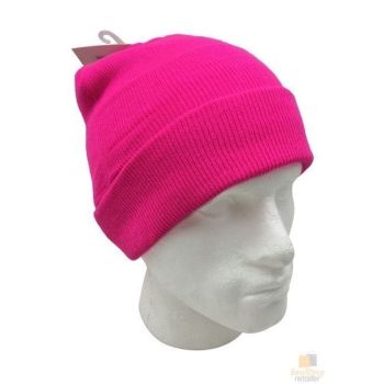 PLAIN FLURO BEANIE Hi Vis Unisex Winter Warm Hat Ski Party Costume Cap Knit - Fluro Pink