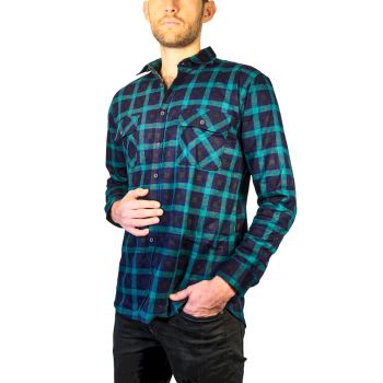 Mens 100% Cotton Flannelette Shirt Long Sleeve Check Authentic Flannel - Green/Navy - L