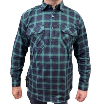 Mens Flannelette Long Sleeve Pullover Shirt 100% Cotton Flannel - Half Placket - Green/Navy - 6XL