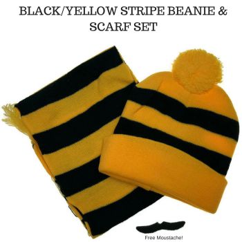 Tigers Beanie Hat & Scarf Set Party Costume w Moustache Warm Winter - Black/Yellow Stripe