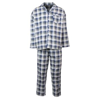 Mens Flannelette Pyjama Set Sleepwear Soft 100% Cotton PJs Two Piece - Light Blue Check - L