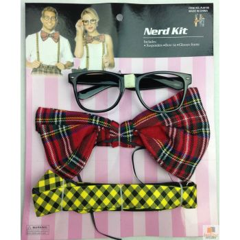 NERD COSTUME KIT Set Geek Glasses Fancy Dress Retro Funny Braces Bow Tie Party