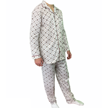 Mens Cotton Pajamas Pyjamas PJs Long Sleeve Shirt Tops + Pants Set Sleepwear - White/Brown - S