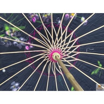 PARASOL UMBRELLA Chinese Japanese Bamboo Flower Pattern Fabric 80cm Diameter - Black