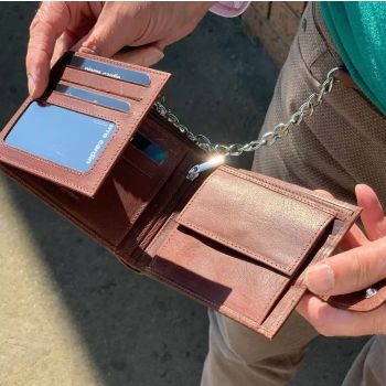 Pierre Cardin Zip Around Mens Leather Wallet with Chain in Chestnut