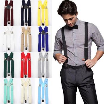 Mens Suspenders Braces Adjustable Strong Clip On Elastic Formal Wedding Slim - Black/Yellow Check