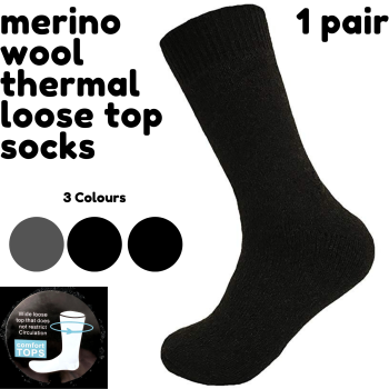 Merino Wool Mens Loose Top Thermal Socks Diabetic Comfort Circulation - 1 Pair - Black - 7-11