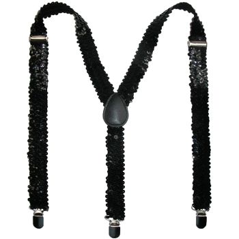 SEQUIN SUSPENDERS Unisex Adjustable Braces Clip On Elastic Y-Back  - Black