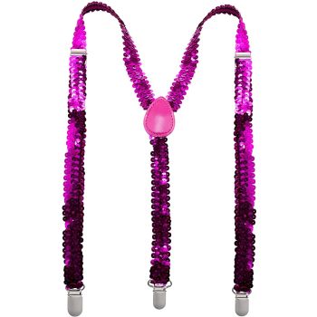 SEQUIN SUSPENDERS Unisex Adjustable Braces Clip On Elastic Y-Back  - Hot Pink