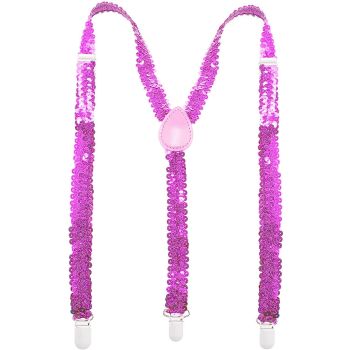 SEQUIN SUSPENDERS Unisex Adjustable Braces Clip On Elastic Y-Back  - Light Pink