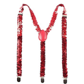 SEQUIN SUSPENDERS Unisex Adjustable Braces Clip On Elastic Y-Back  - Red