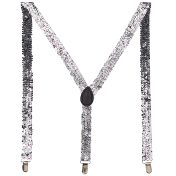 SEQUIN SUSPENDERS Unisex Adjustable Braces Clip On Elastic Y-Back  - Silver