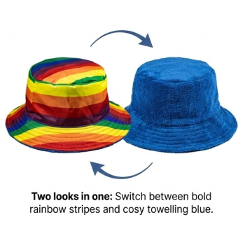 Reversible Stingy Brim Terry Towelling Bucket Hat Cap 100% COTTON - Rainbow/Blue - L/XL (58-59cm)