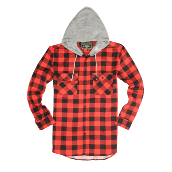 Mens Cotton Flannelette Shirt w Jersey Hood Long Sleeve Flannel - Red/Black - 3XL