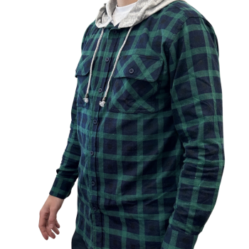 Mens Cotton Flannelette Shirt w Jersey Hood Long Sleeve Flannel - Green - L
