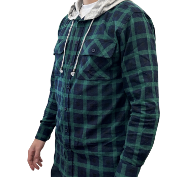 Mens Cotton Flannelette Shirt w Jersey Hood Long Sleeve Flannel - Green - S