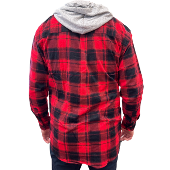 Mens Cotton Flannelette Shirt w Jersey Hood Long Sleeve Flannel - Red - 2XL