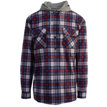 Mens Cotton Flannelette Shirt w Jersey Hood Long Sleeve Flannel - Navy - M
