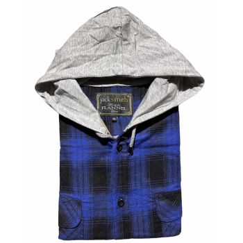 Mens Cotton Flannelette Shirt w Jersey Hood Long Sleeve Flannel - Royal Blue - S