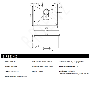 510x450mm Handmade Stainless Steel Undermount / Topmount Kitchen Laundry Sink with Waste