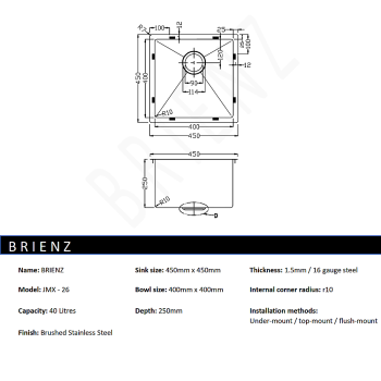 450x450mm Handmade Stainless Steel Undermount / Topmount Kitchen Laundry Sink with Waste
