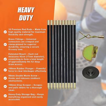 9m Drain Rod Set Kit Plunger Worm Scraper Cleaning Rods Rodding Carry Bag