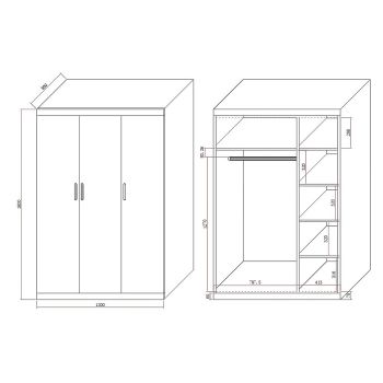 3 Door White Wardrobe – Gold Handles, Hanging Rail & Shelves