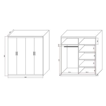 4 Door White Wardrobe Cabinet – Hanging Rail, Shelves & White Handles
