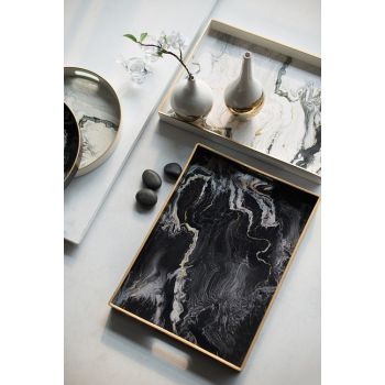 Set 2 Marble Patterned Rectangular Trays 48cm