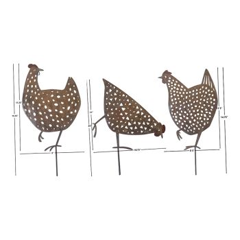 Set 3 Asst Rust Chook Family Garden Stakes 35cm
