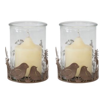 Set 2 Glass Candle holders in Low Rust Base w Birds 10cm