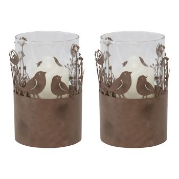 Set 2 Glass Pillar Candle holders in Stilted Rust Base w Birds 17cm