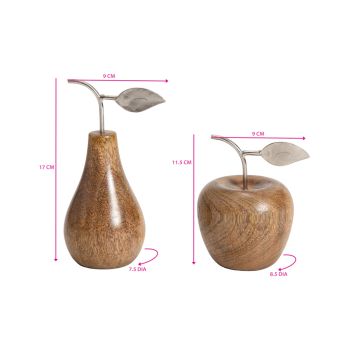 Set 2 Asst Handcrafted Apple & Pear W Antique Silver Leaf 17cm