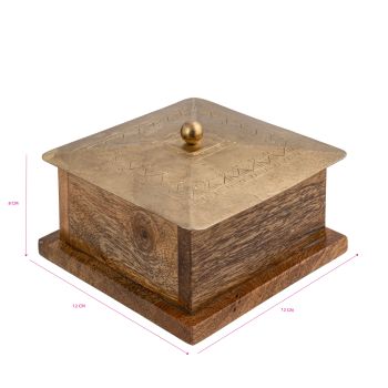 Handcrafted Square Mango Wood Box W Metal Pressed Lid 12cm