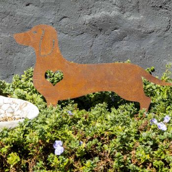 Rust Lasercut Dachshund w Heart Garden Stake 57cm