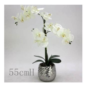 Artificial White Orchid in Silver Pot 56cm